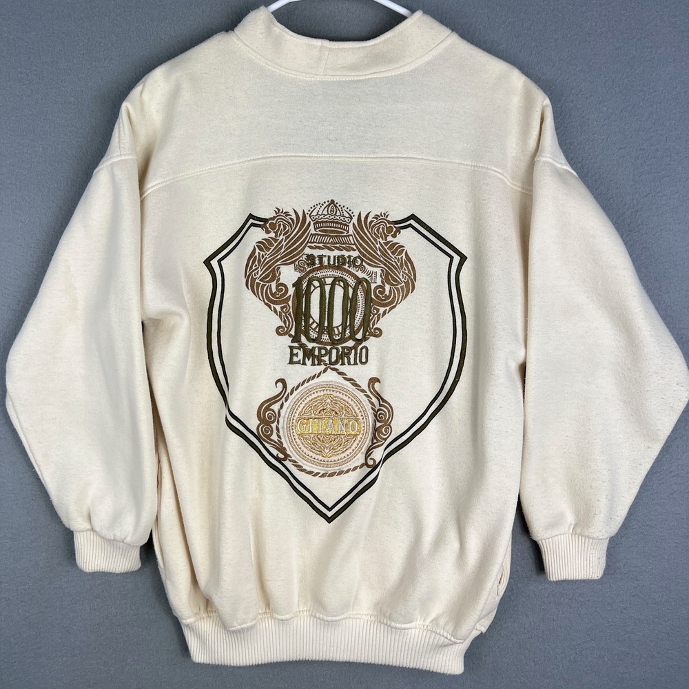 VTG Gitano Sweatshirt Cardigan Mens S Cream Graphic Logo Crest Embroidered 1990s